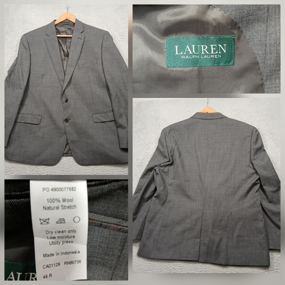 Lauren‎ Ralph Lauren Men's Blazer 46R Gray 100% Wool Two Button Natural Stretch